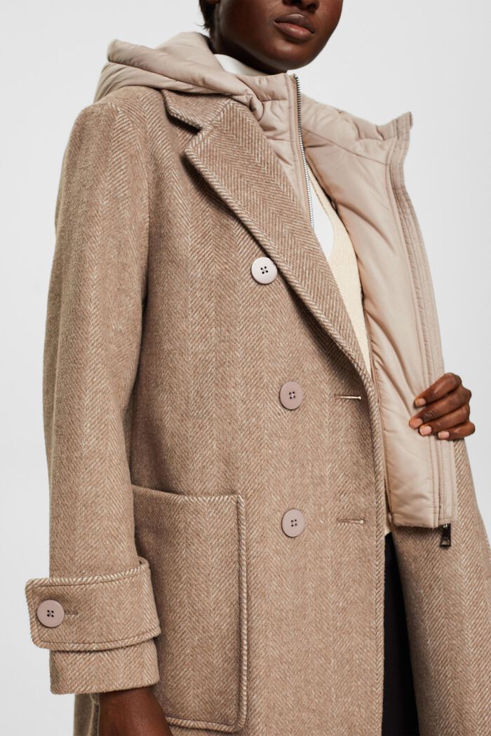 Frakke med uldmiks og aftagelig hætte, LIGHT TAUPE, detail image number 2