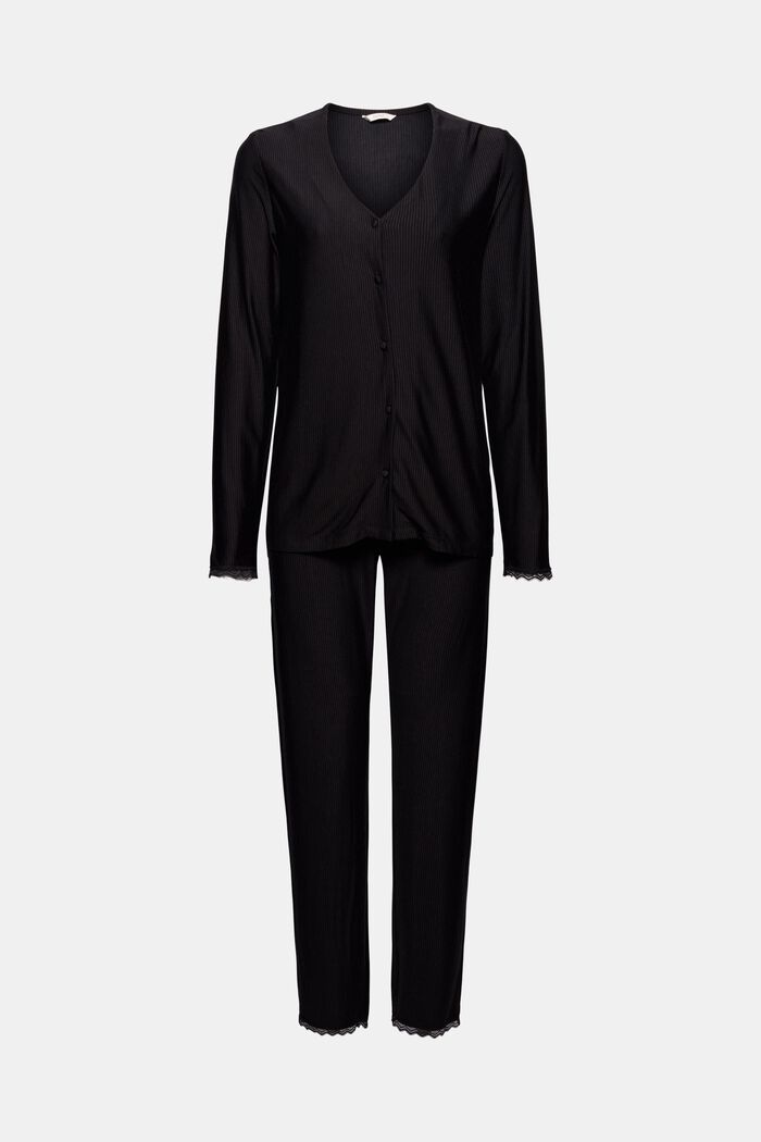 Stribet jerseypyjamas, LENZING™ ECOVERO™, BLACK, detail image number 4