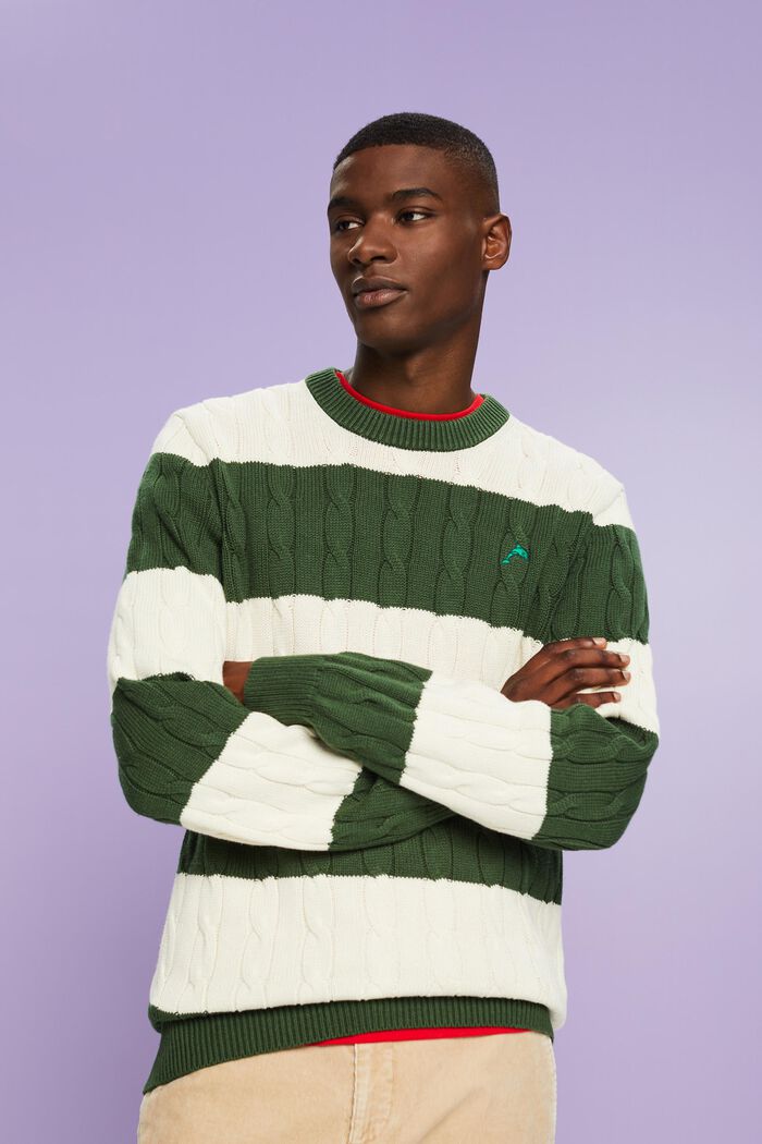Stribet sweater i kabelstrik, OFF WHITE, detail image number 0