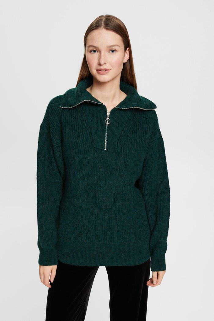 Strikket pullover med uld og lynlås i halv længde, TEAL GREEN, detail image number 0