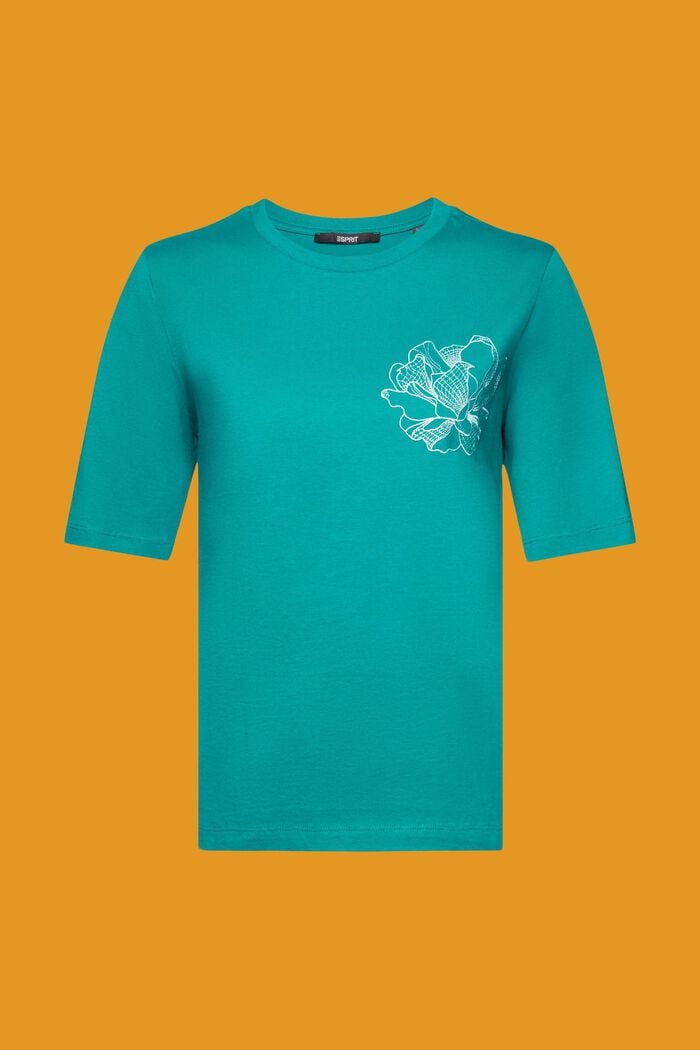 Bomulds-T-shirt med broderet blomst, EMERALD GREEN, detail image number 6