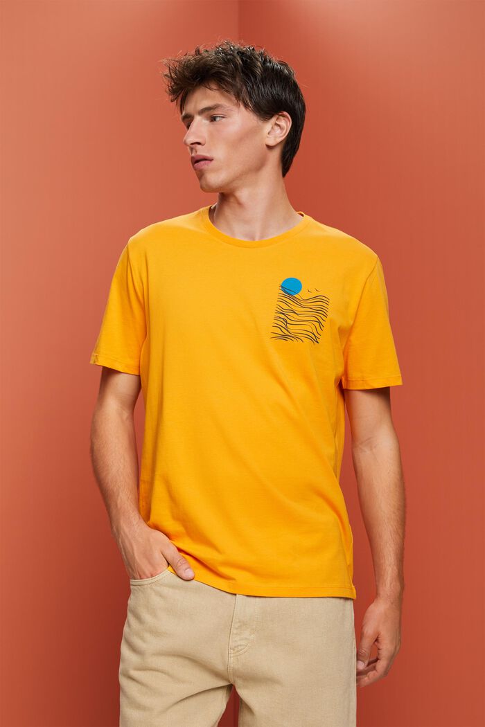 Jersey-T-shirt med print på brystet, 100 % bomuld, BRIGHT ORANGE, detail image number 0