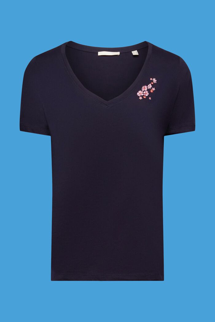 T-shirt med V-hals og blomsterbroderi, NAVY, detail image number 5