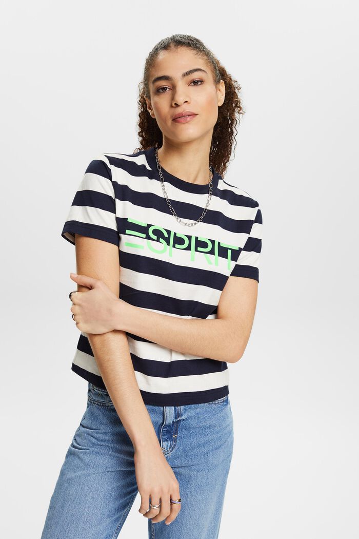 Bomulds-T-shirt med logo og striber, NAVY, detail image number 0