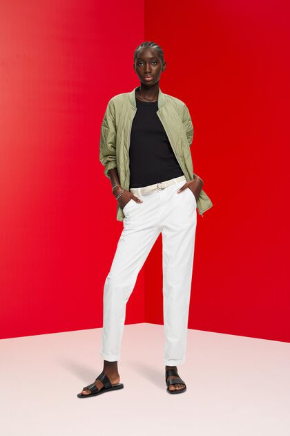 Lette stretch-chinos med bælte, OFF WHITE, overview