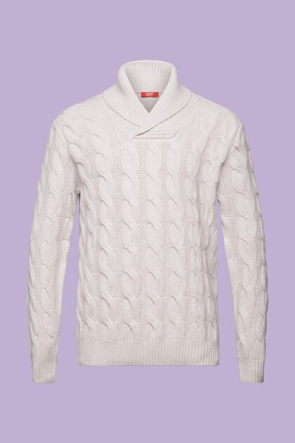 Kabelstrikket sweater i uld med sjalskrave
