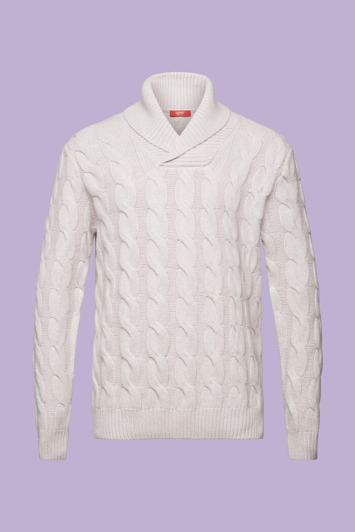 Kabelstrikket sweater i uld med sjalskrave, LIGHT TAUPE, detail image number 6