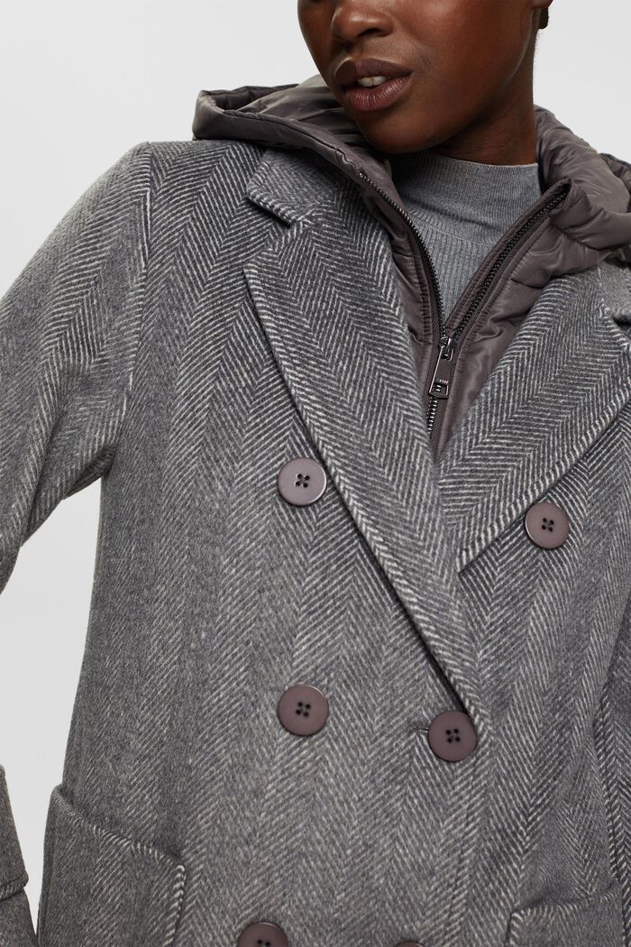 Frakke med uldmiks og aftagelig hætte, GUNMETAL, detail image number 0