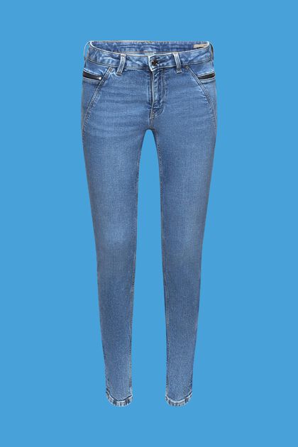 Skinny fit-jeans m. mellemhøj talje og lynlåslomme