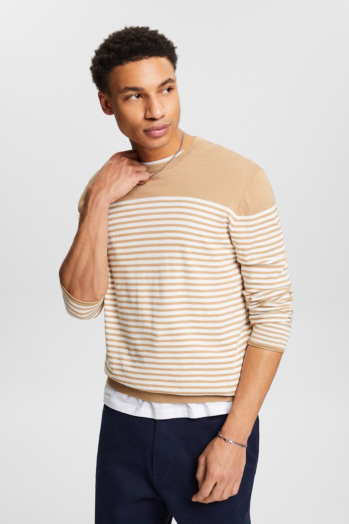 Stribet sweater i bomuld, BEIGE, detail image number 0