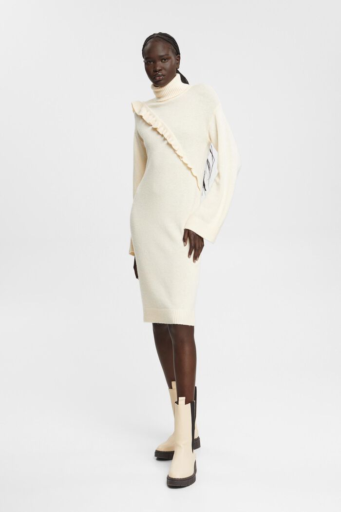 Kjole i uldmiks med flæser, LENZING™ ECOVERO™, ICE, detail image number 4