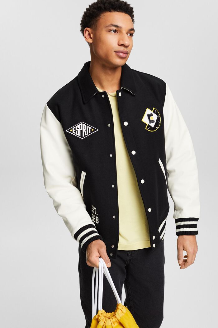 Varsity-jakke i uldmiks med applikeret logo, BLACK, detail image number 0