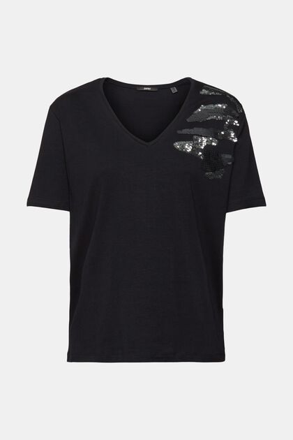 T-shirt med V-hals og pailletter, BLACK, overview