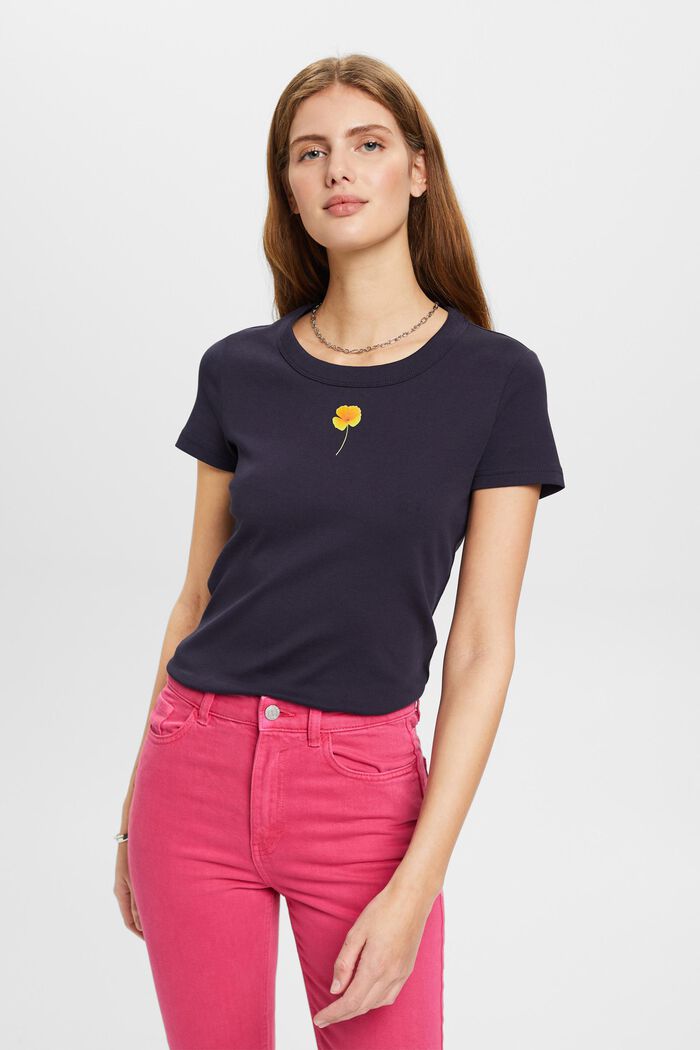 T-shirt med blomsterprint på brystet, NAVY, detail image number 0