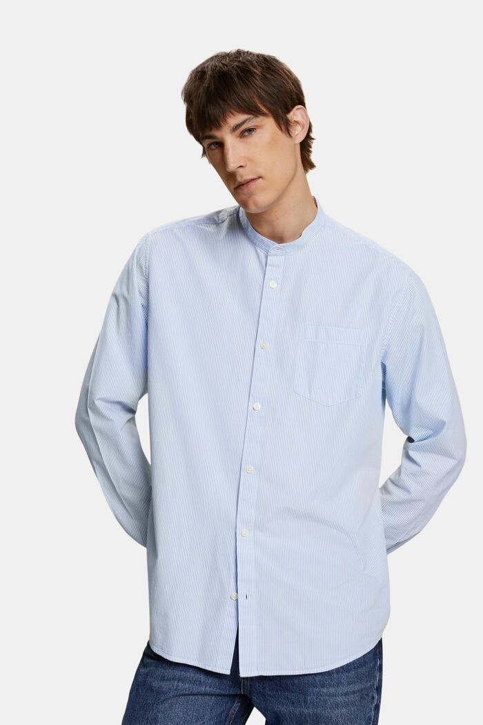 Nålestribet bomuldsskjorte med kinakrave, GREY BLUE, detail image number 0