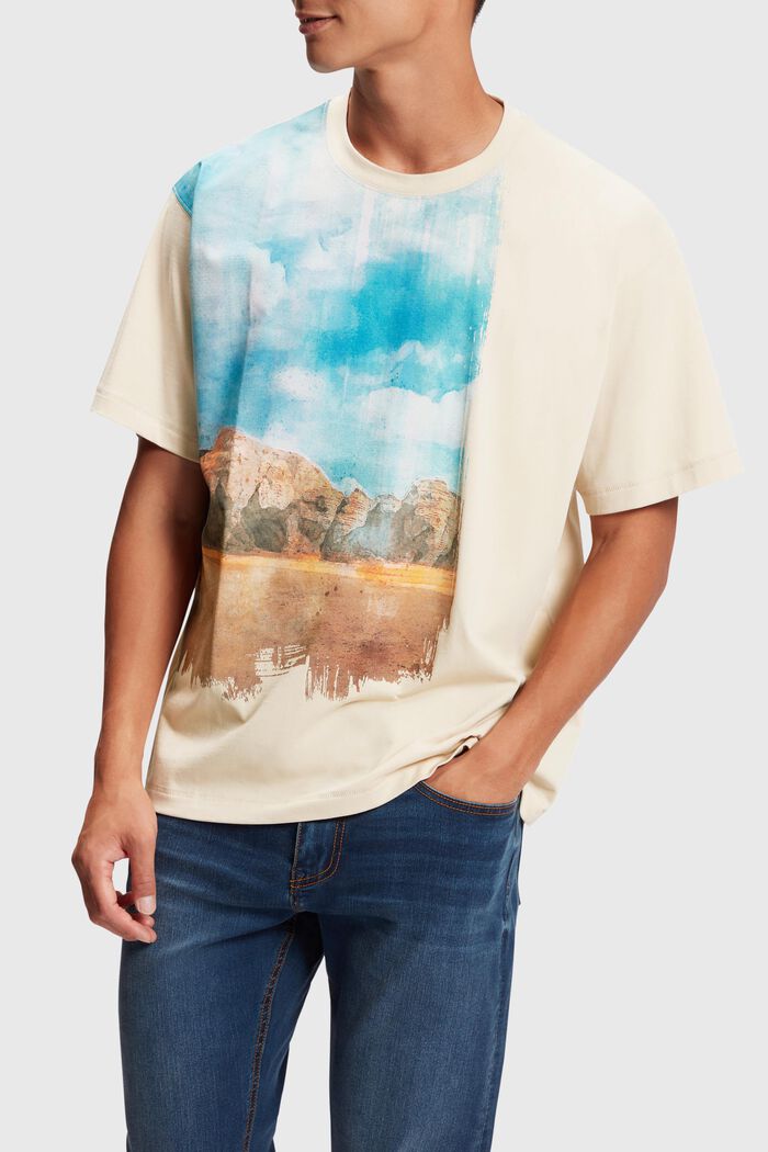 T-shirt med frontpanel med digitalt landskabsprint, BEIGE, detail image number 0