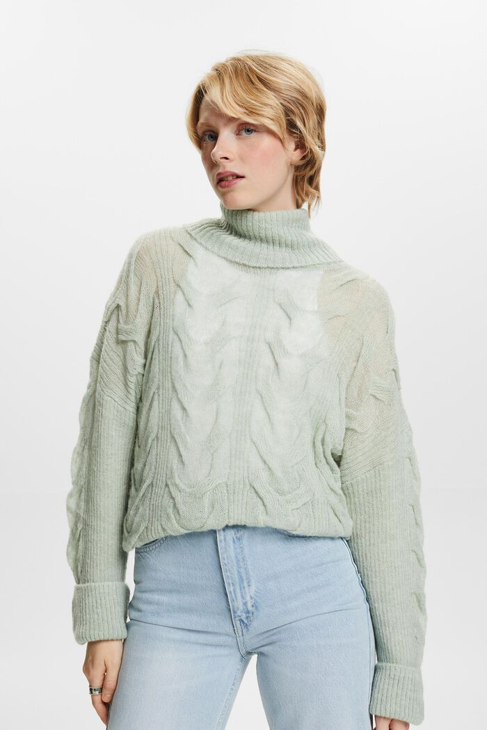 Rullekravesweater i kabelstrik, LIGHT AQUA GREEN, detail image number 3