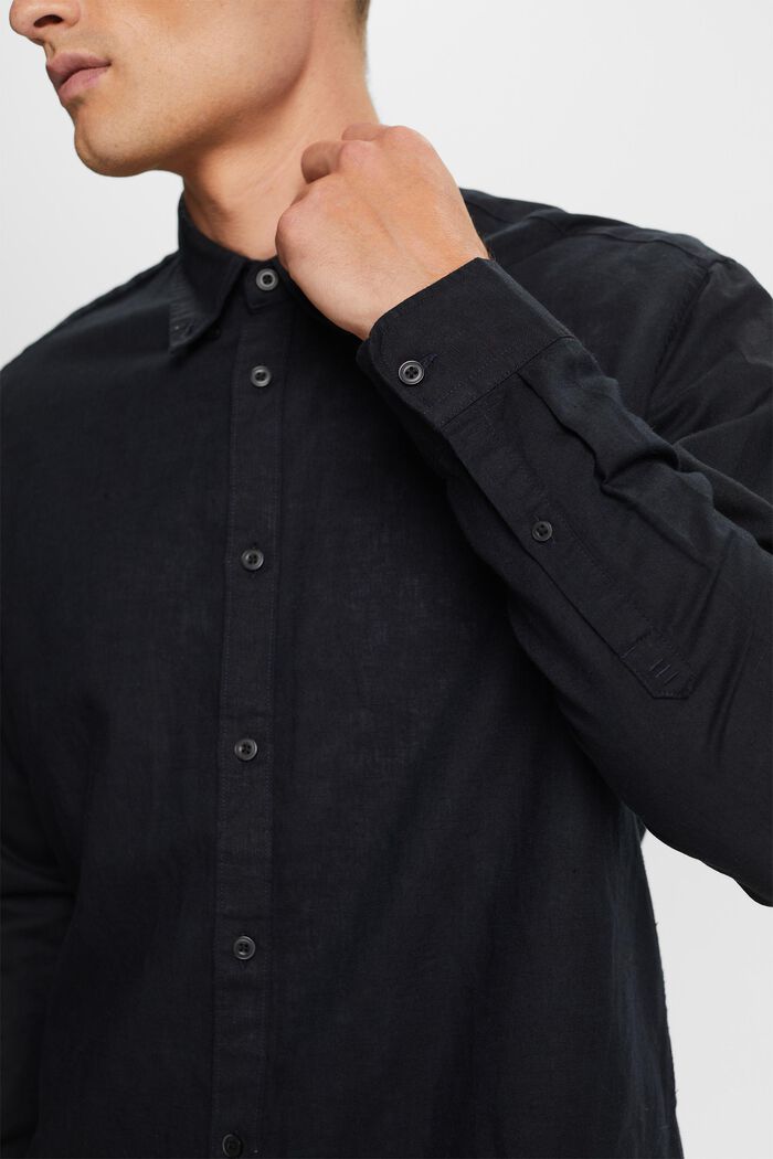 Button down-skjorte i bomulds- og hørmiks, BLACK, detail image number 2