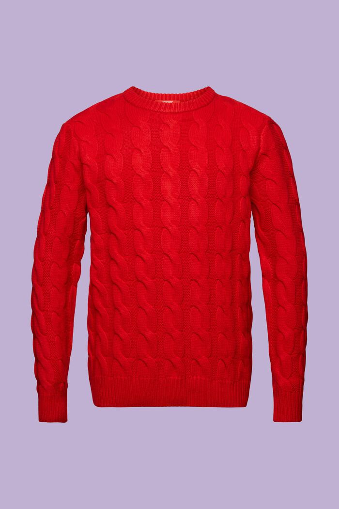 Kabelstrikket sweater i uld, DARK RED, detail image number 7