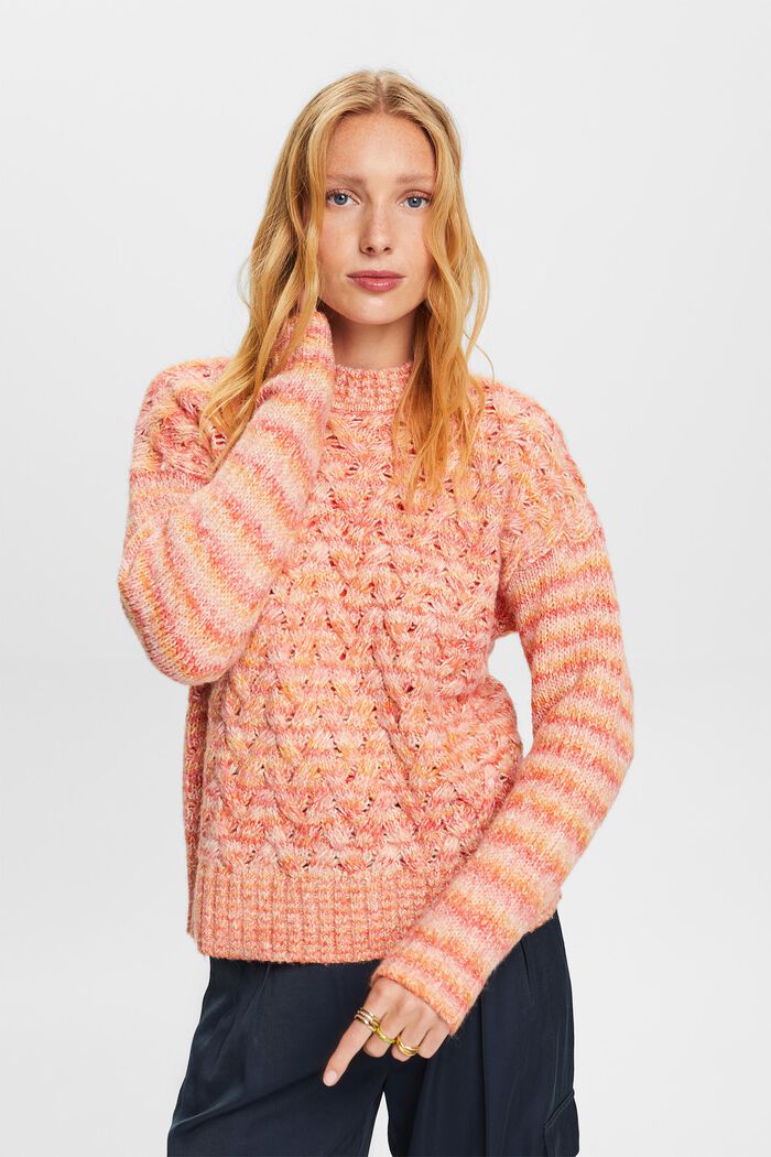 Stribet sweater i kabelstrik, BRIGHT ORANGE, detail image number 1