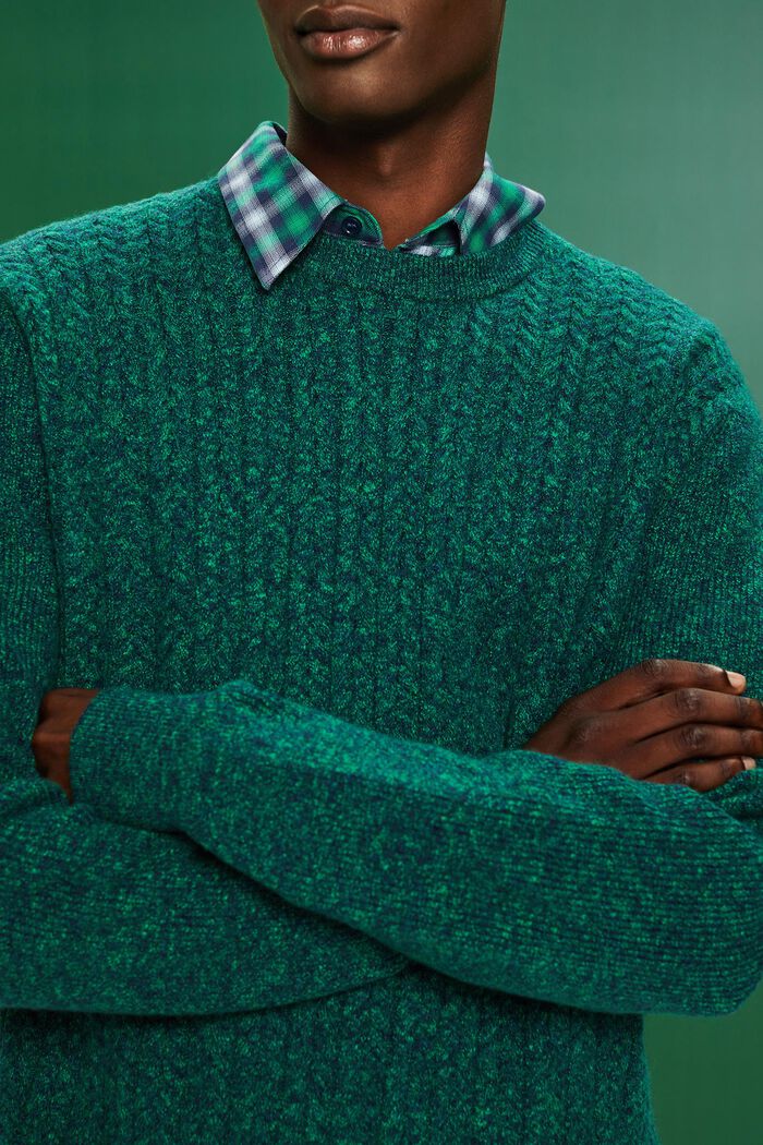 Meleret kabelstrikket sweater med rund hals, GREEN, detail image number 2