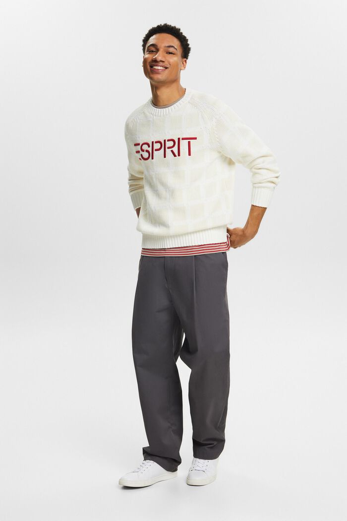Sweater i chunky strik med logo og gittermønster, WHITE, detail image number 1