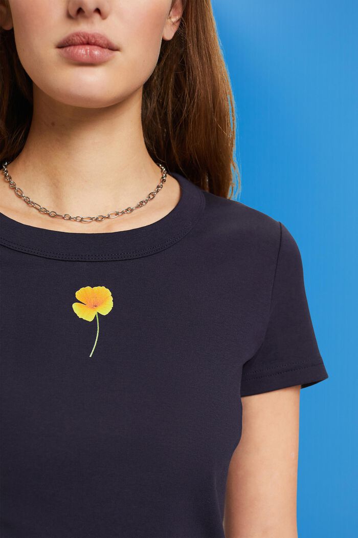 T-shirt med blomsterprint på brystet, NAVY, detail image number 2