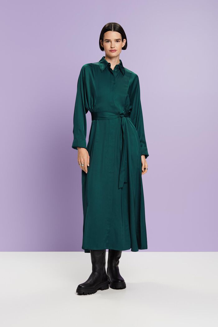 Satin kjole med bælte, EMERALD GREEN, detail image number 0