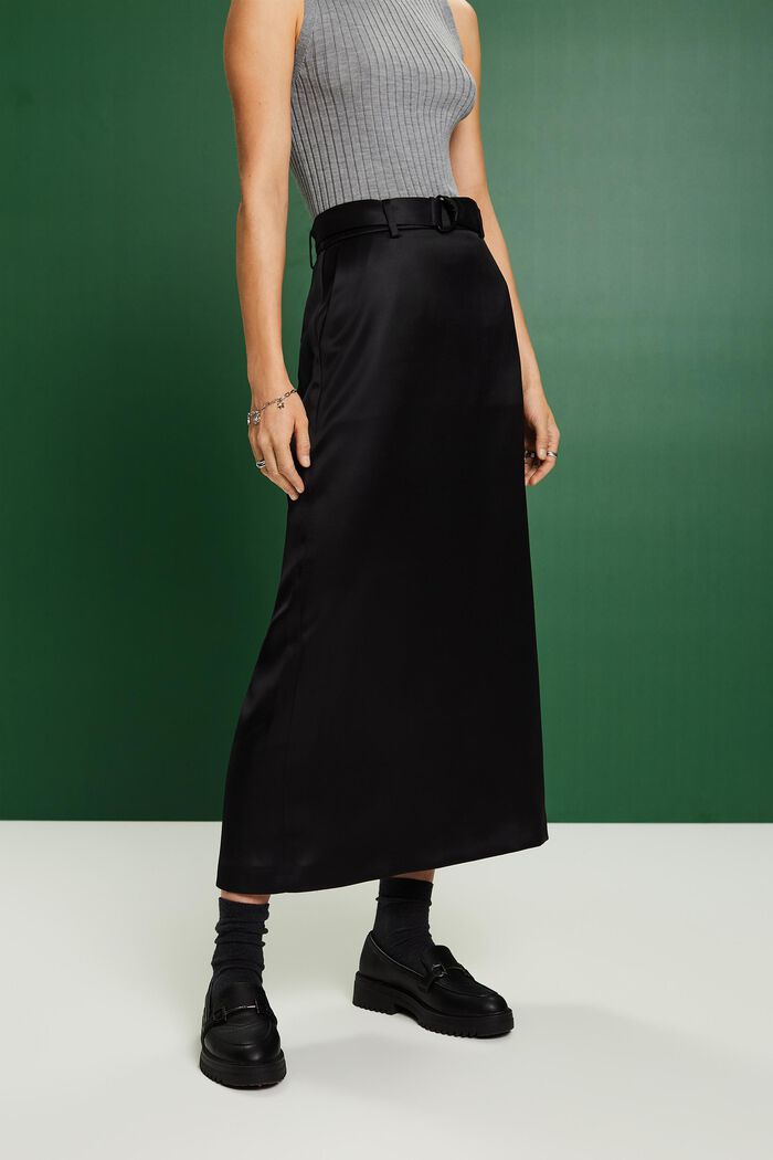 Maxi-nederdel i satin med bælte, BLACK, detail image number 0