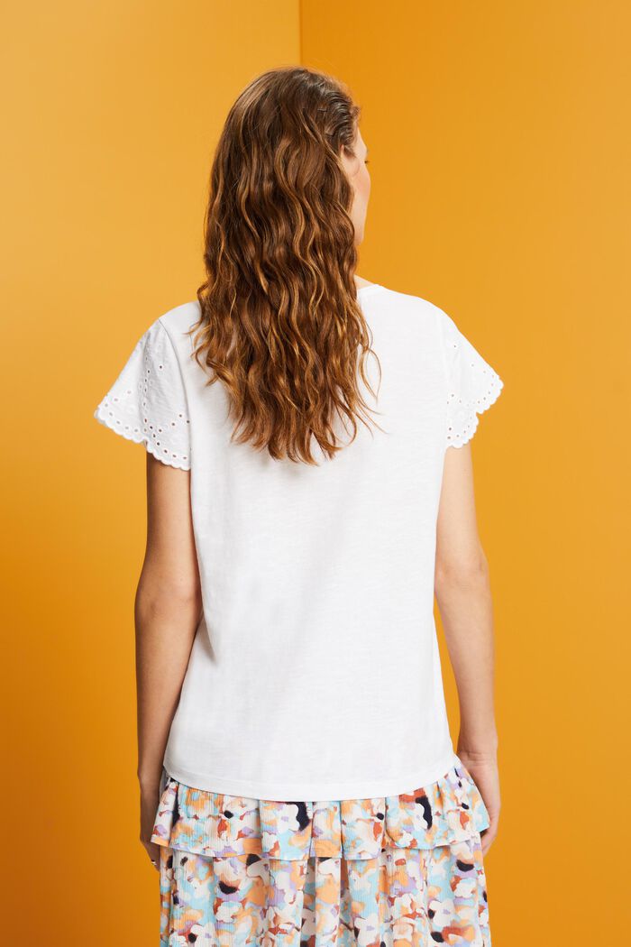 Bomulds-T-shirt med hulmønstrede ærmer, WHITE, detail image number 3