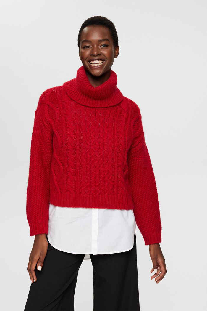 Sweater i kabelstrik med rullekrave og uld, DARK RED, detail image number 0