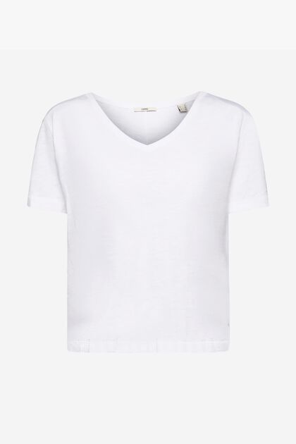 Bomulds-T-shirt med V-hals og pyntesøm, WHITE, overview