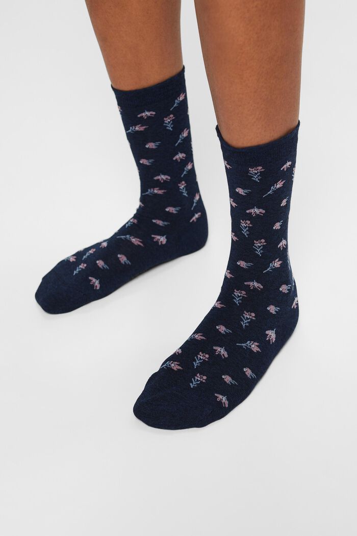Pakke m. 2 par strikkede sokker m. blomstermønster, MARINE, detail image number 1