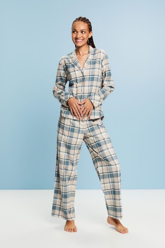 Ternet pyjamassæt i flonel, NEW TEAL BLUE, detail image number 1