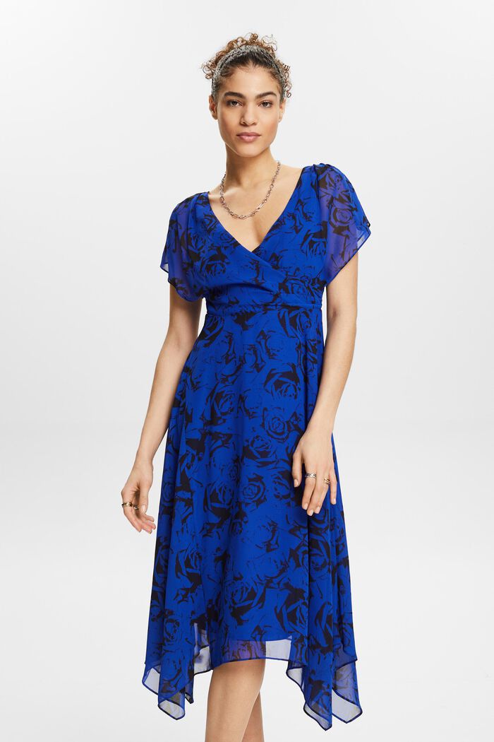 Maxi-kjole i chiffon med V-hals og print, BRIGHT BLUE, detail image number 0