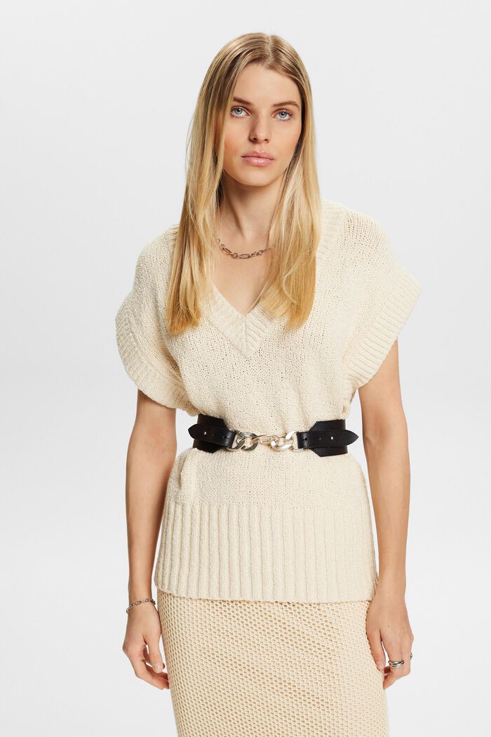 Bouclé-sweater med V-hals, CREAM BEIGE, detail image number 0