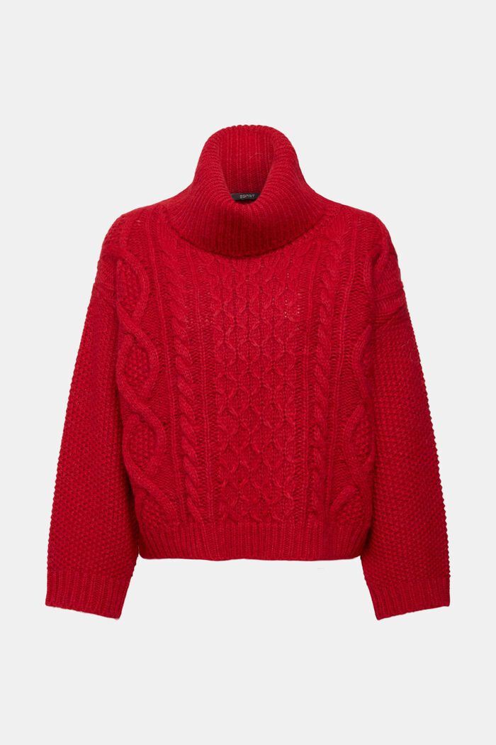 Sweater i kabelstrik med rullekrave og uld, DARK RED, detail image number 6