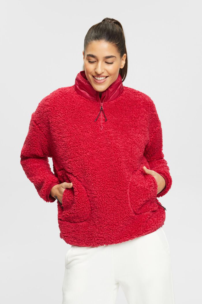 Teddy fleece-sweatshirt med lynlås i halv længde, CHERRY RED, detail image number 0