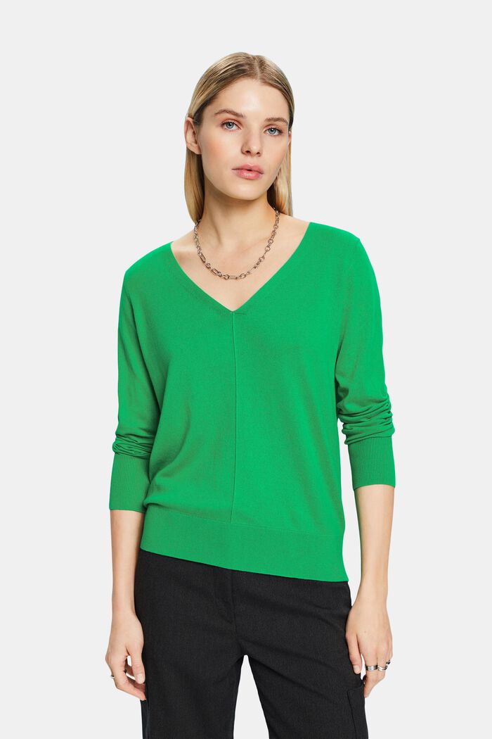 Sweater i bomuld med V-hals, GREEN, detail image number 0