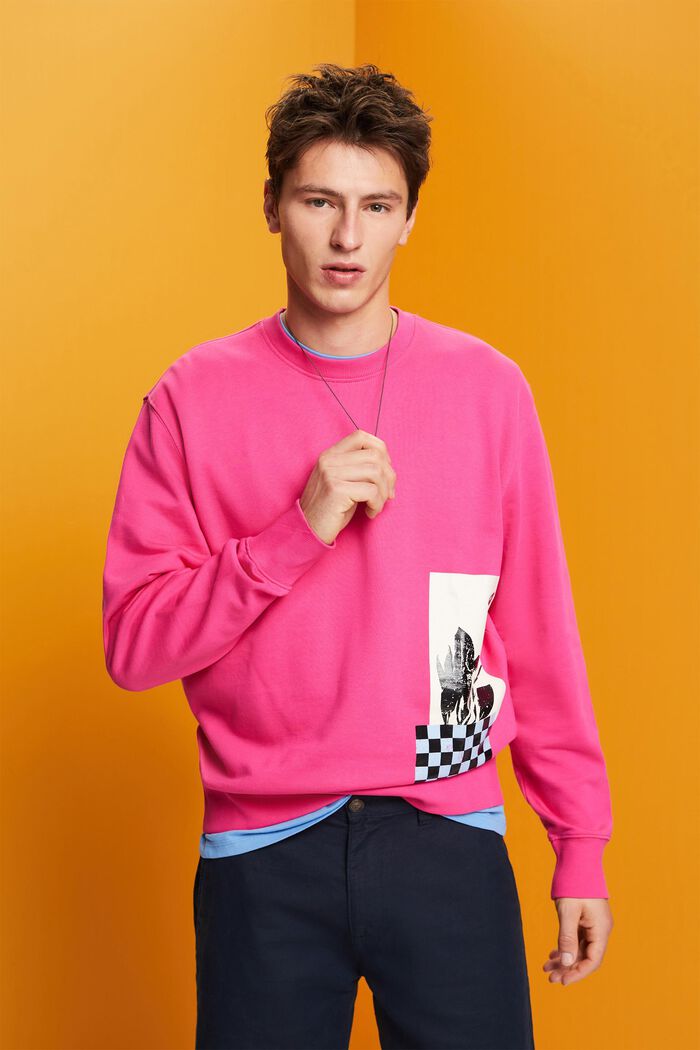 Sweatshirt med print og rund hals, 100 % bomuld, PINK FUCHSIA, detail image number 0