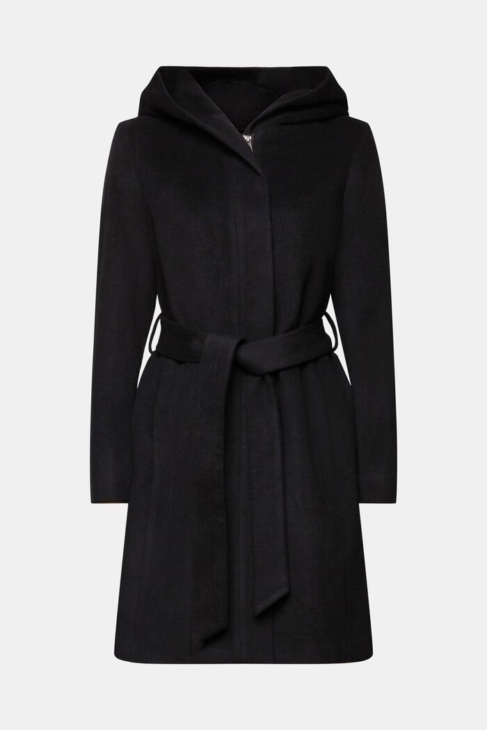 Genanvendt: Frakke i uldmiks med hætte og bælte, BLACK, detail image number 5