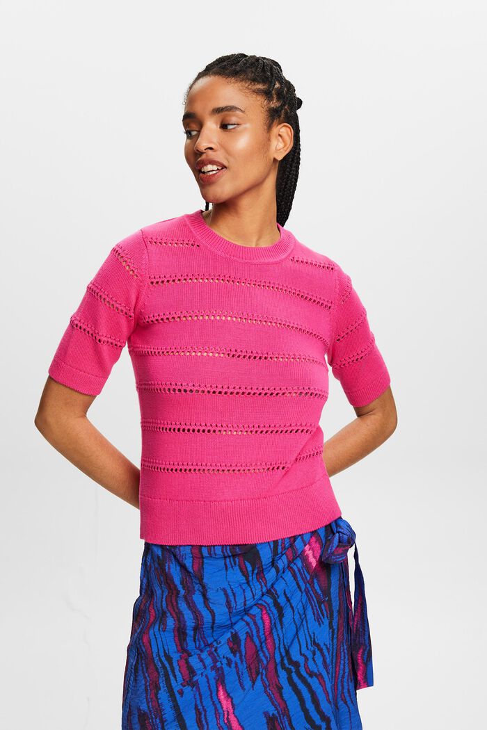 Kortærmet pointelle-sweater, PINK FUCHSIA, detail image number 0