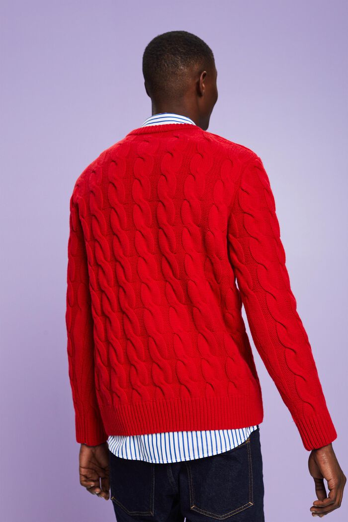 Kabelstrikket sweater i uld, DARK RED, detail image number 4