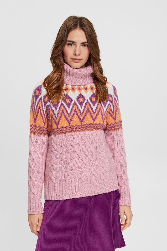 Pullover i jacquard-strik med rullekrave og uld