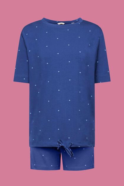 Kort bomuldspyjamas med allover-mønster, DARK BLUE, overview