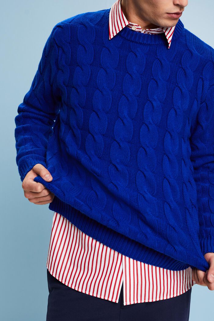 Kabelstrikket sweater i uld, DARK BLUE, detail image number 3