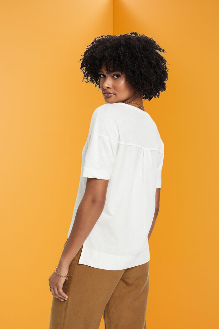 T-shirt med V-hals i hørmiks, OFF WHITE, detail image number 3