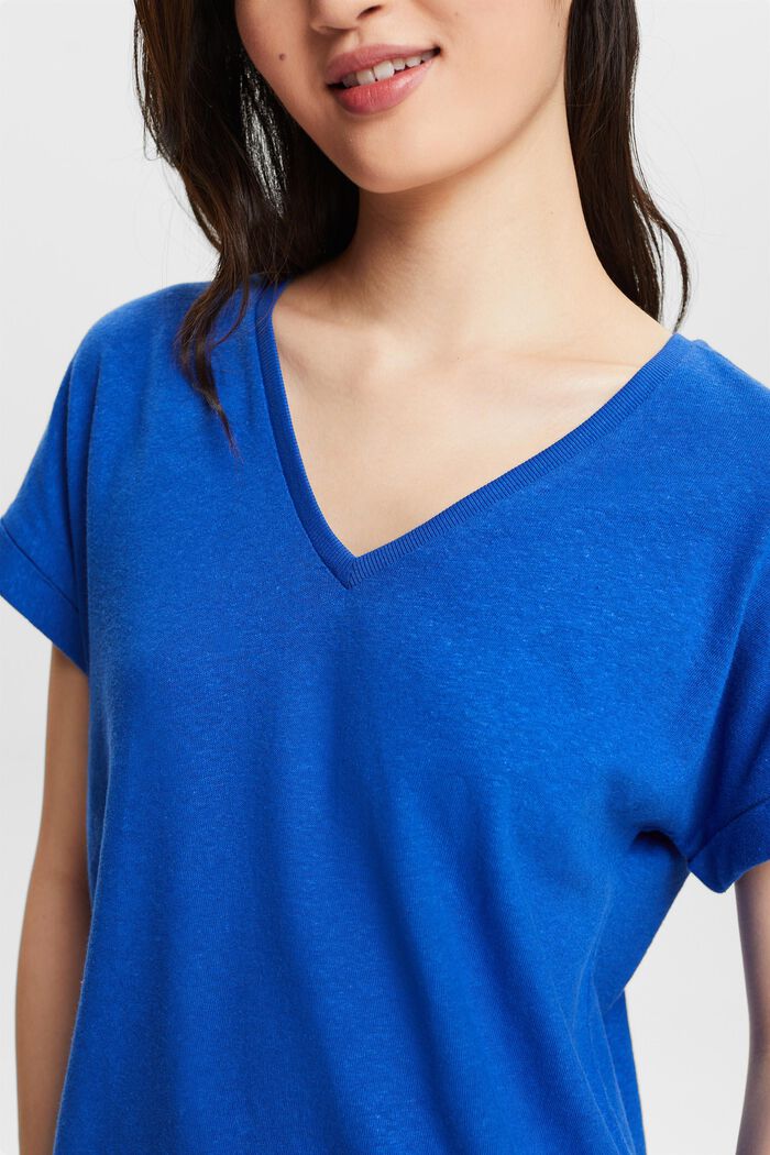 T-shirt med V-hals i bomuld/hør, BRIGHT BLUE, detail image number 3