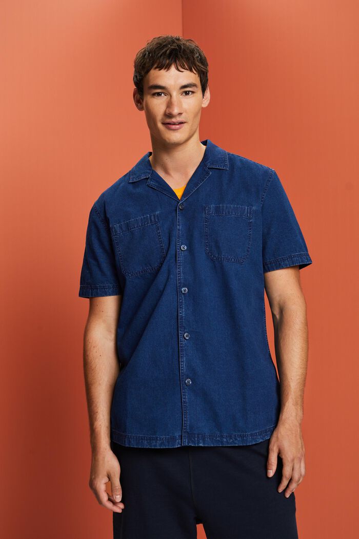 Jeansskjorte med korte ærmer, 100 % bomuld, BLUE DARK WASHED, detail image number 0