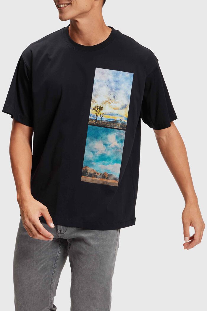T-shirt med lagdelt landskabsprint, BLACK, detail image number 0
